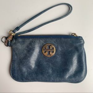 Tory Burch blue leather wristlet pouch